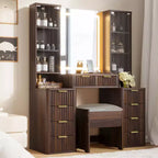 GDFStudio Ina Schminktisch aus Holz im modernen Mid-Century-Stil mit Hocker, beleuchtetem Spiegel, zwei Glastüren, 10 Schubladen und Ladestation