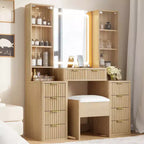 GDFStudio Ina Schminktisch aus Holz im modernen Mid-Century-Stil mit Hocker, beleuchtetem Spiegel, zwei Glastüren, 10 Schubladen und Ladestation