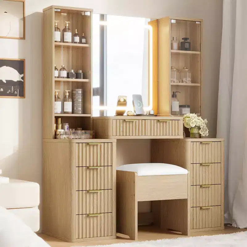 GDFStudio Ina Schminktisch aus Holz im modernen Mid-Century-Stil mit Hocker, beleuchtetem Spiegel, zwei Glastüren, 10 Schubladen und Ladestation