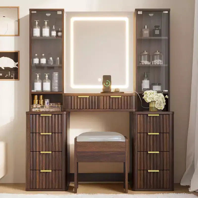 GDFStudio Ina Mid-Century Modern Wood Makeup Vanity Table with Stool, Lighted Mirror, Dual Glass Cabinet, 10 Drawers and Charging Station