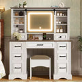 GDFStudio Darren Farmhouse Wood Makeup Vanity Desk Set with Storage Stool, Sliding Lighted Mirror, 9 Drawers and Charging Station