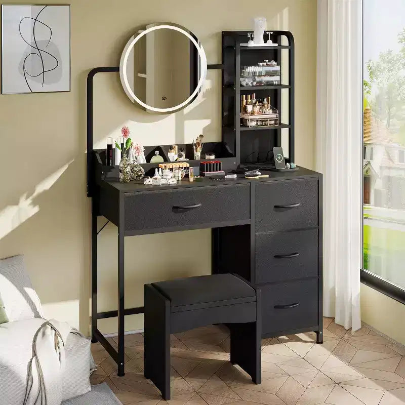 Small Vanity Desk with Lighted Round Mirror and Power Outlet, Modern Makeup Vanity Table with 4 Fabric Drawers and 3 Shelves, for Bedroom
