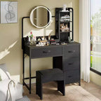 Small Vanity Desk with Lighted Round Mirror and Power Outlet, Modern Makeup Vanity Table with 4 Fabric Drawers and 3 Shelves, for Bedroom