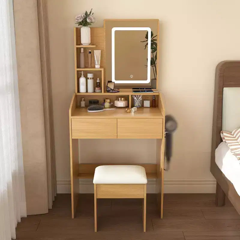 Vanity Desk Set with Mirror & Lights, Small Corner Makeup Table with Vanitys Chair Stool, Dressing Table with Storage Drawers & Shelves