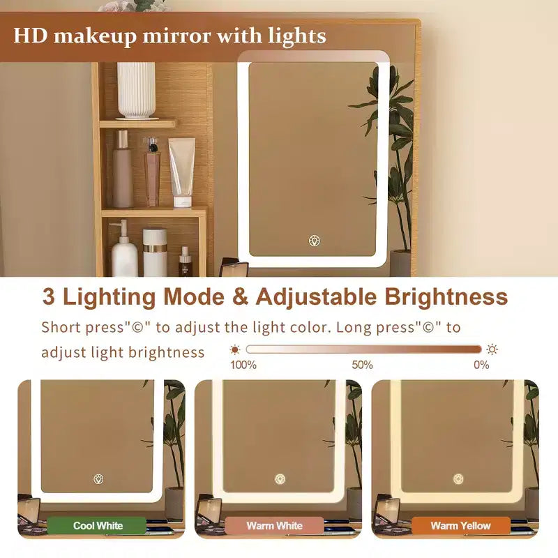 Set da toeletta con specchio e luci, piccolo tavolo da trucco angolare con sedia o sgabello da toeletta, tavolo da toilette con cassetti e ripiani contenitore