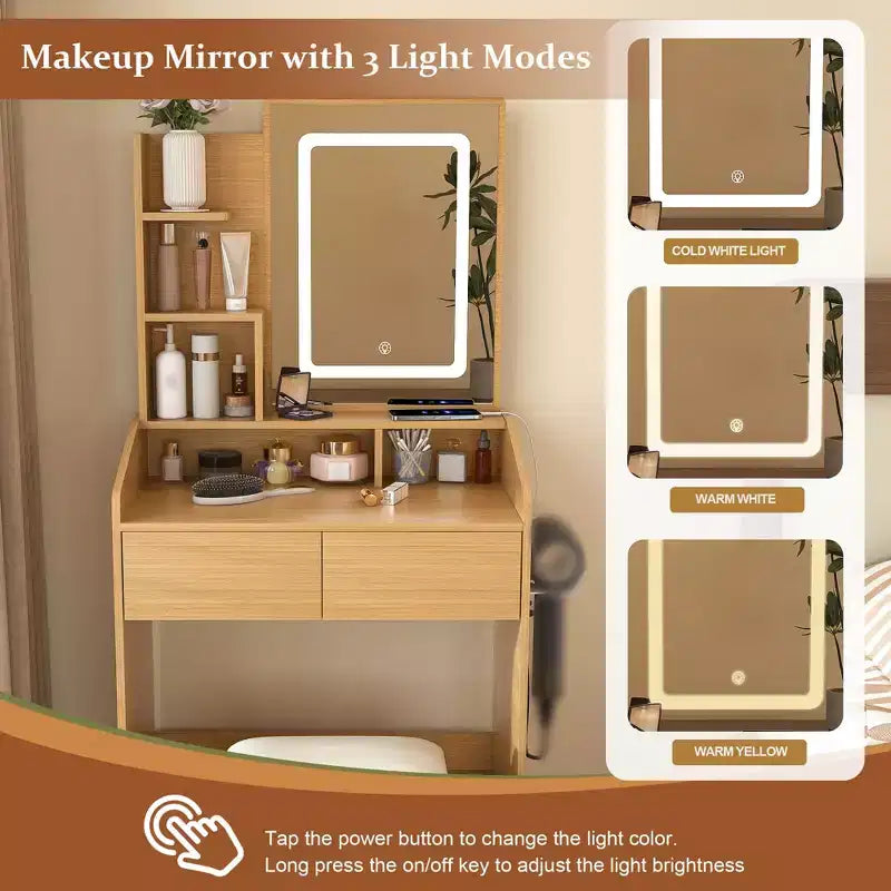 Set da toeletta con specchio e luci, piccolo tavolo da trucco angolare con sedia o sgabello da toeletta, tavolo da toilette con cassetti e ripiani contenitore