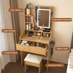 Set da toeletta con specchio e luci, piccolo tavolo da trucco angolare con sedia o sgabello da toeletta, tavolo da toilette con cassetti e ripiani contenitore