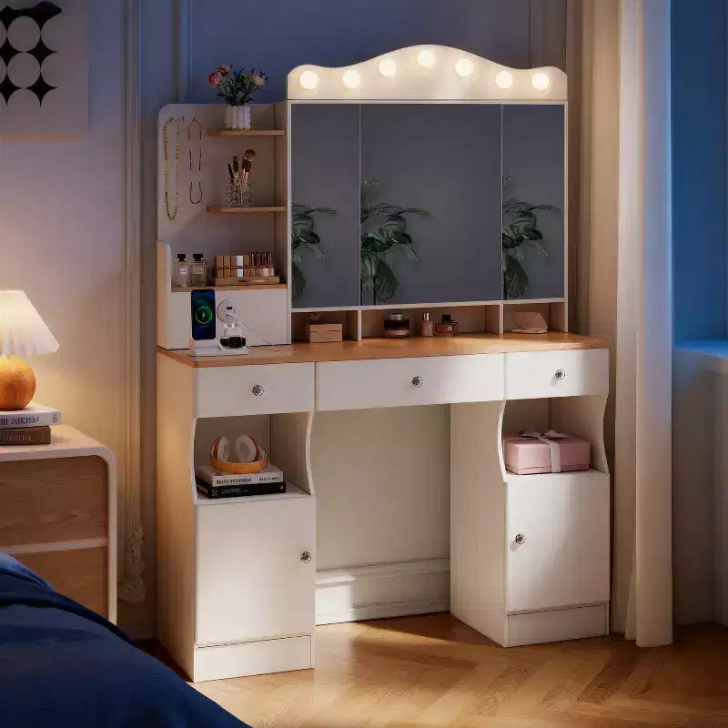 Schminktisch mit Spiegel, Kosmetiktisch mit 2 USB-Anschlüssen, Schminktisch-Set mit drei Schubladen und zwei Schränken