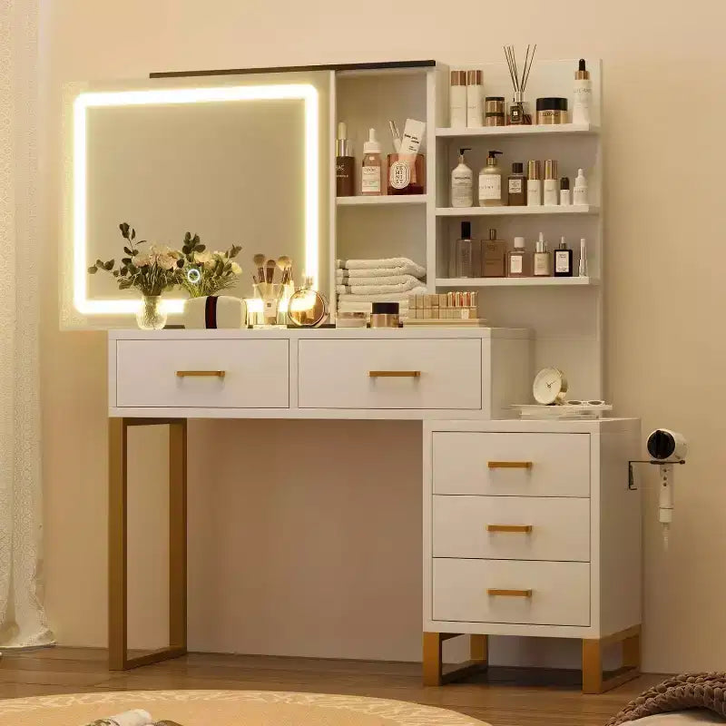 Schminktisch, großer Frisiertisch mit 3 Lichtmodi, 5 großen Schubladen und 3 offenen Ablageebenen, für das Schlafzimmer