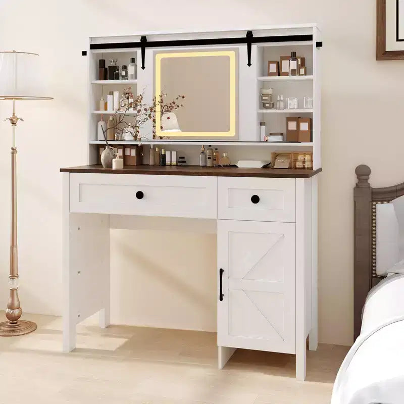 Garvee Vanity Desk with Mirror, Modern White Makeup Table with Drawers & Storage Stool, Spacious Dressing Table for Bedroom, Stylish Organizer