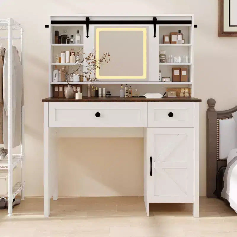 Schminktisch von Garvee mit Spiegel, moderner weißer Schminktisch mit Schubladen und Stauraumhocker, geräumiger Frisiertisch für das Schlafzimmer, stilvoller Organizer