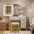 57'' Large Vanity Desk with Mirror & Lights,Makeup Vanity Table with Charging Station, 3 Lighting Modes,Elegant Vanity Set with 4 Drawers and Shelves
