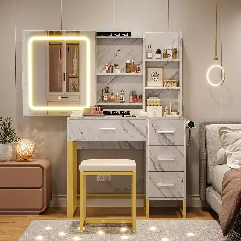 57'' Large Vanity Desk with Mirror & Lights,Makeup Vanity Table with Charging Station, 3 Lighting Modes,Elegant Vanity Set with 4 Drawers and Shelves