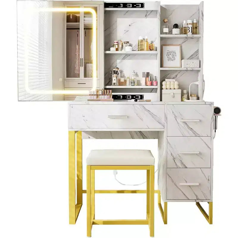 57'' Large Vanity Desk with Mirror & Lights,Makeup Vanity Table with Charging Station, 3 Lighting Modes,Elegant Vanity Set with 4 Drawers and Shelves