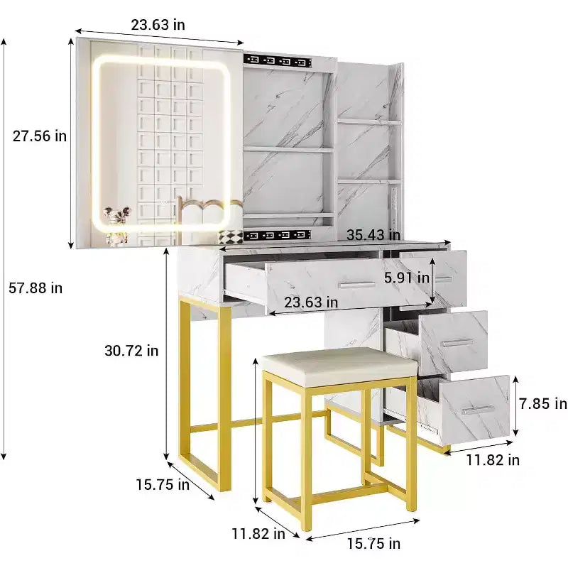 57'' Large Vanity Desk with Mirror & Lights,Makeup Vanity Table with Charging Station, 3 Lighting Modes,Elegant Vanity Set with 4 Drawers and Shelves