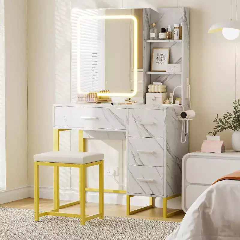 57'' Large Vanity Desk with Mirror & Lights,Makeup Vanity Table with Charging Station, 3 Lighting Modes,Elegant Vanity Set with 4 Drawers and Shelves