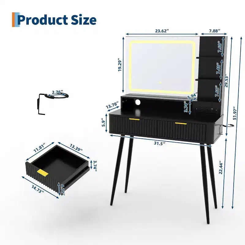31.5 LED Vanity Desk with Mirror & 3-Color Lighting - Dressing Table with Power Outlet & 2 Drawers for Bedroom