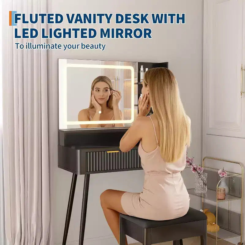 31.5 LED Vanity Desk with Mirror & 3-Color Lighting - Dressing Table with Power Outlet & 2 Drawers for Bedroom