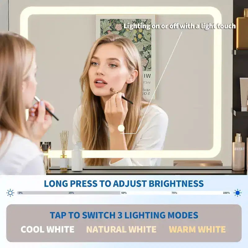 31.5 LED Vanity Desk with Mirror & 3-Color Lighting - Dressing Table with Power Outlet & 2 Drawers for Bedroom