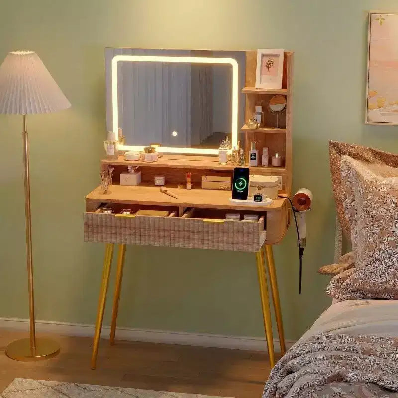 31.5 LED Vanity Desk with Mirror & 3-Color Lighting - Dressing Table with Power Outlet & 2 Drawers for Bedroom