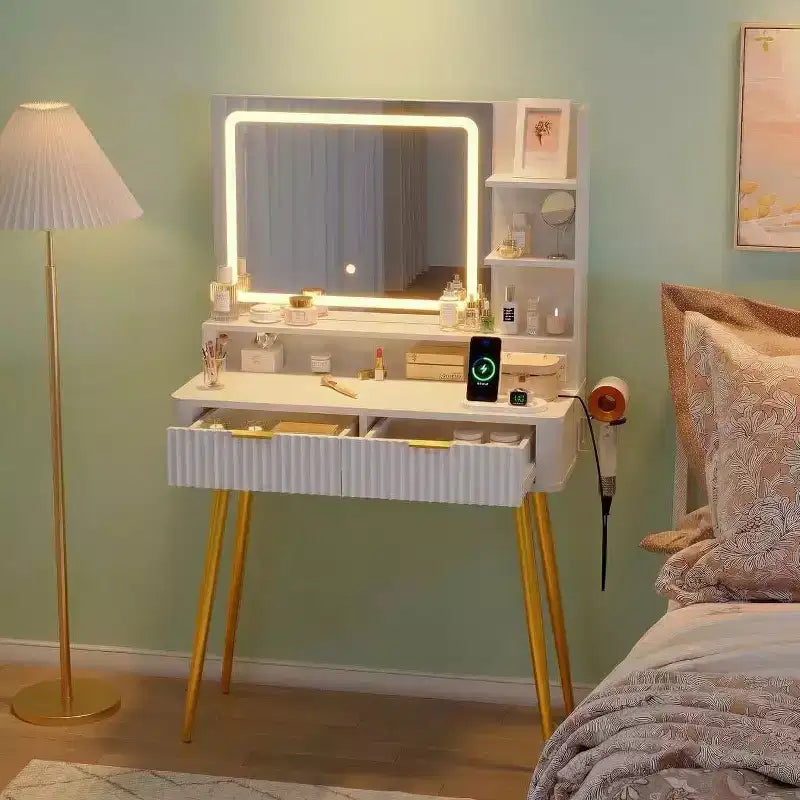 31.5 LED Vanity Desk with Mirror & 3-Color Lighting - Dressing Table with Power Outlet & 2 Drawers for Bedroom