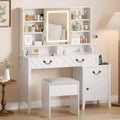 White Vanity Desk with Sliding Mirror & Lights, Makeup Table with Stool, Charging Station, Storage and Hair Dryer Rack