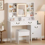 White Vanity Desk with Sliding Mirror & Lights, Makeup Table with Stool, Charging Station, Storage and Hair Dryer Rack
