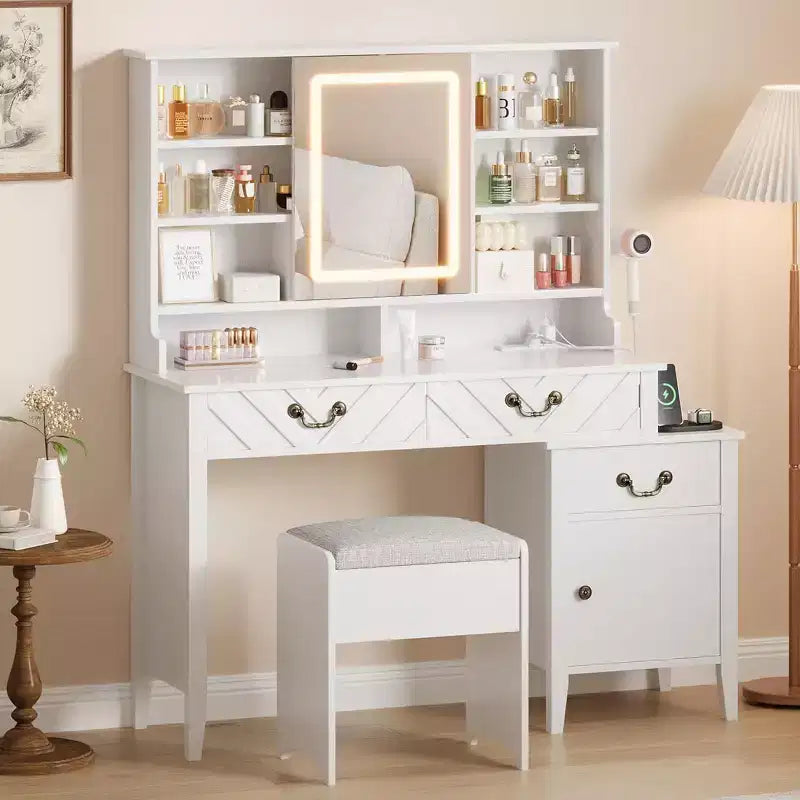 White Vanity Desk with Sliding Mirror & Lights, Makeup Table with Stool, Charging Station, Storage and Hair Dryer Rack