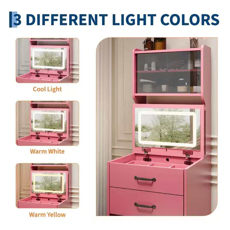 COZONY 3'ü 1 arada makyaj masası, 3 renkli LED, çekmeceli ve akrilik kapaklı tuvalet masası, 2 AC prizi ve USB'li kompakt makyaj masası seti, komodin