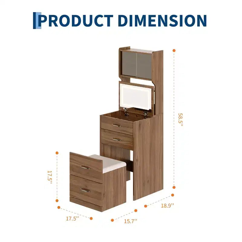 COZONY 3'ü 1 arada makyaj masası, 3 renkli LED, çekmeceli ve akrilik kapaklı tuvalet masası, 2 AC prizi ve USB'li kompakt makyaj masası seti, komodin