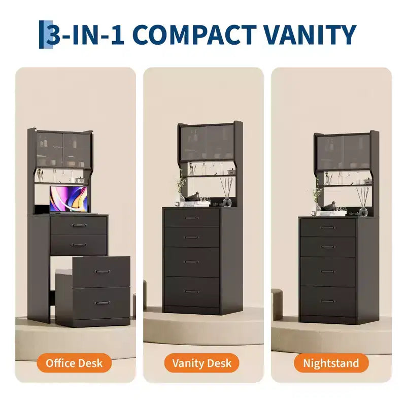 COZONY 3'ü 1 arada makyaj masası, 3 renkli LED, çekmeceli ve akrilik kapaklı tuvalet masası, 2 AC prizi ve USB'li kompakt makyaj masası seti, komodin