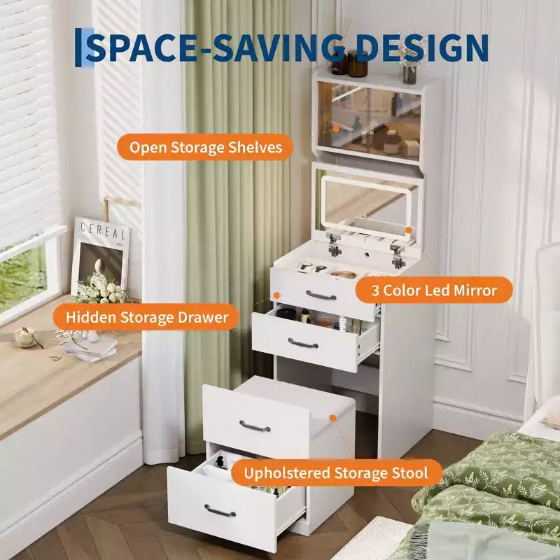 COZONY 3'ü 1 arada makyaj masası, 3 renkli LED, çekmeceli ve akrilik kapaklı tuvalet masası, 2 AC prizi ve USB'li kompakt makyaj masası seti, komodin