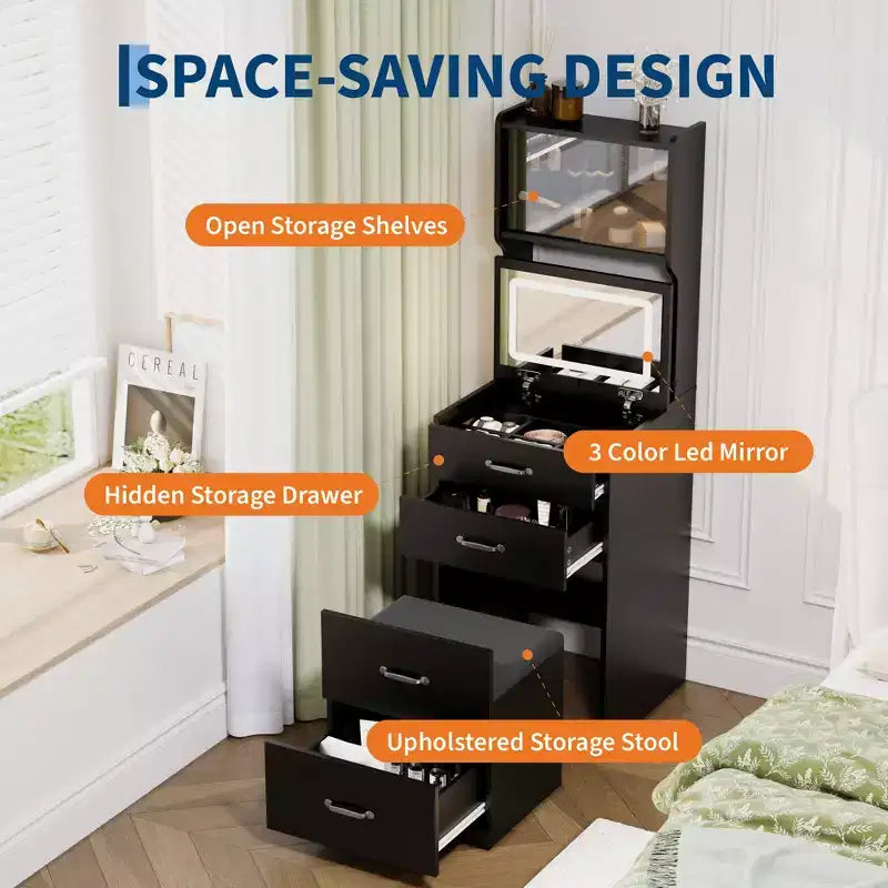 COZONY 3'ü 1 arada makyaj masası, 3 renkli LED, çekmeceli ve akrilik kapaklı tuvalet masası, 2 AC prizi ve USB'li kompakt makyaj masası seti, komodin