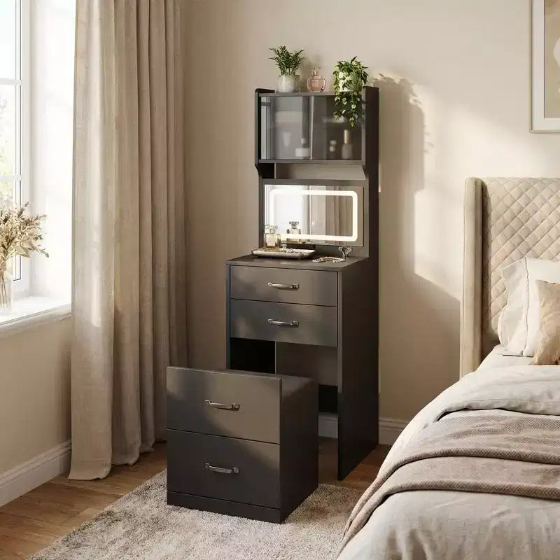 COZONY 3'ü 1 arada makyaj masası, 3 renkli LED, çekmeceli ve akrilik kapaklı tuvalet masası, 2 AC prizi ve USB'li kompakt makyaj masası seti, komodin
