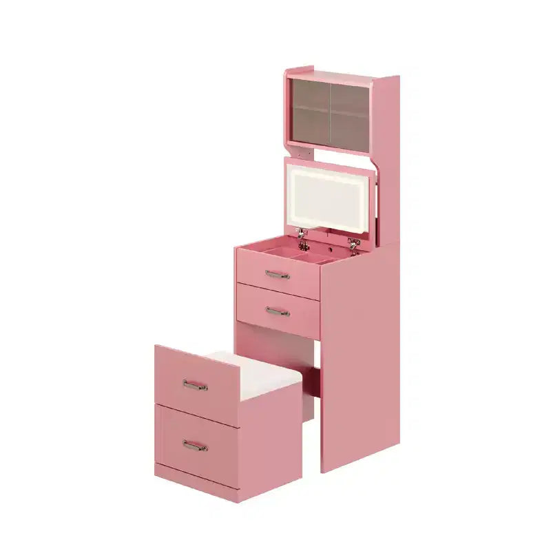 Tocador COZONY 3 en 1 con LED de 3 colores, mesa de vestir con cajones y puertas acrílicas, conjunto de tocador de maquillaje compacto con 2 tomas de CA y USB, mesita de noche