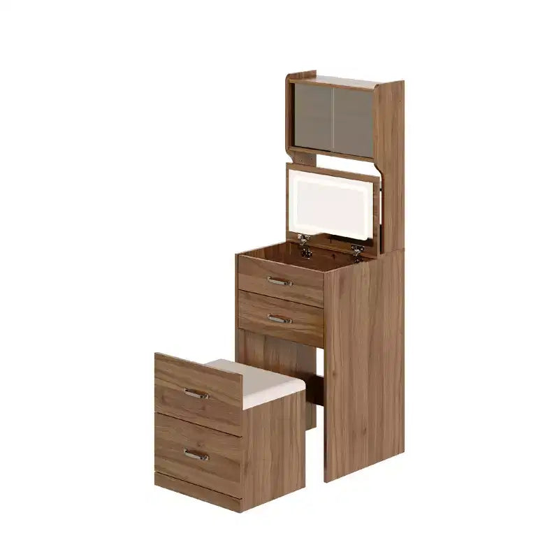 COZONY 3-in-1 Vanity Desk w/ 3 Color LED, Dressing Table with Drawers & Acrylic Doors, Compact Makeup Vanity Set with 2 AC Outlets & USB, Nightstand