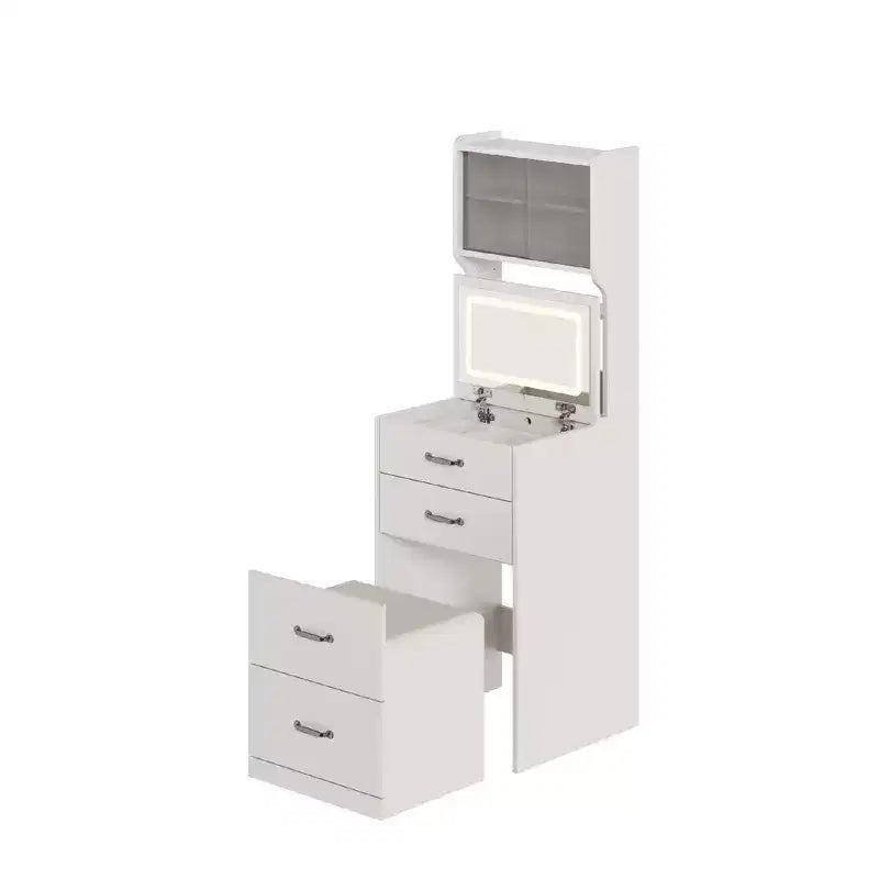 Tocador COZONY 3 en 1 con LED de 3 colores, mesa de vestir con cajones y puertas acrílicas, conjunto de tocador de maquillaje compacto con 2 tomas de CA y USB, mesita de noche