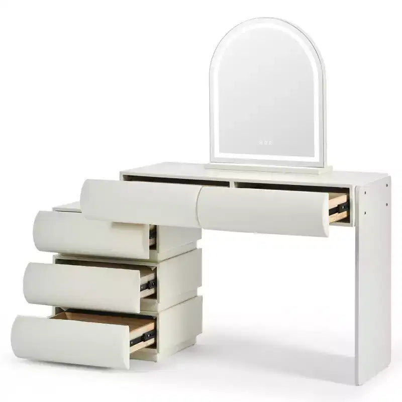 Lussuosa toeletta da trucco Whisen, tavolo da toilette con specchio, mobiletto laterale mobile, 6 cassetti contenitori e sgabello