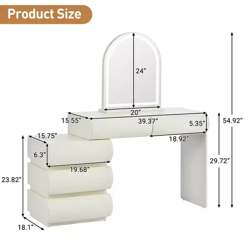 Lussuosa toeletta da trucco Whisen, tavolo da toilette con specchio, mobiletto laterale mobile, 6 cassetti contenitori e sgabello