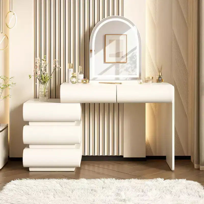 Lussuosa toeletta da trucco Whisen, tavolo da toilette con specchio, mobiletto laterale mobile, 6 cassetti contenitori e sgabello