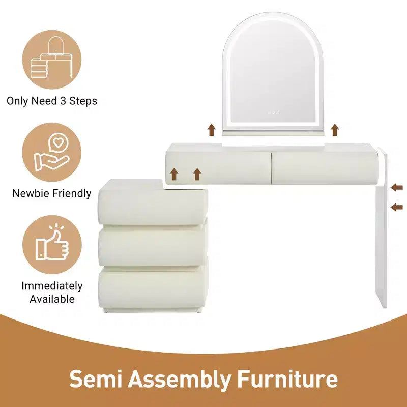 Lussuosa toeletta da trucco Whisen, tavolo da toilette con specchio, mobiletto laterale mobile, 6 cassetti contenitori e sgabello