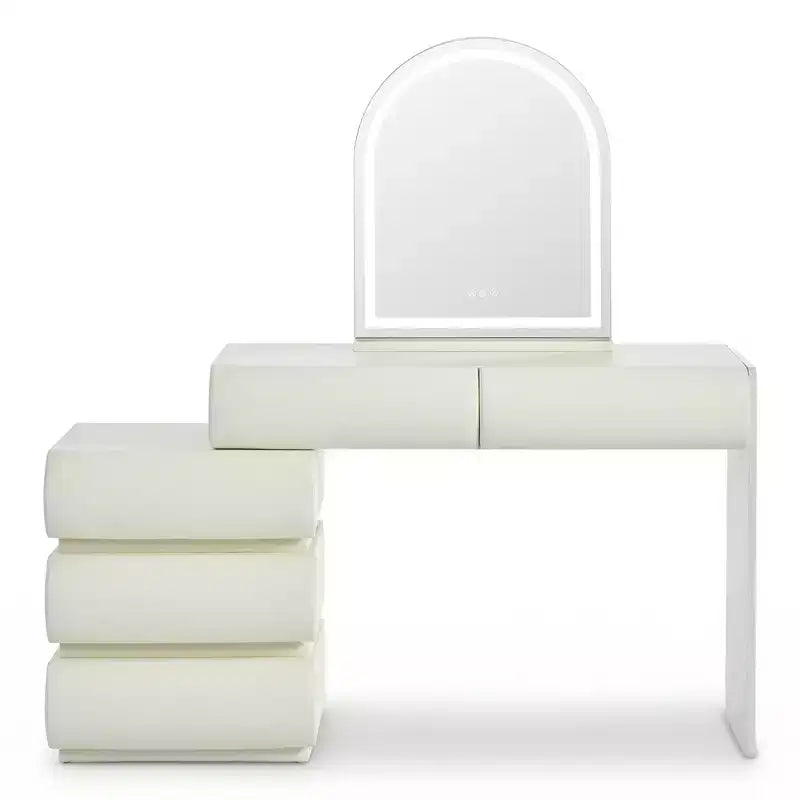Lussuosa toeletta da trucco Whisen, tavolo da toilette con specchio, mobiletto laterale mobile, 6 cassetti contenitori e sgabello