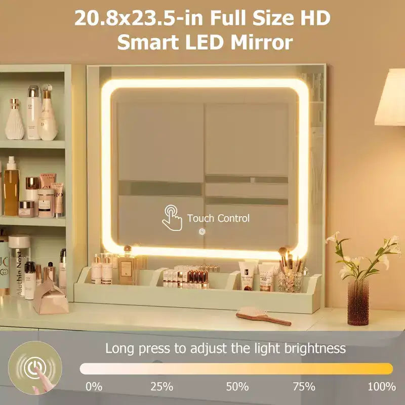 Set da toeletta GustoWave con specchio illuminato, sgabello contenitore e piano espandibile: scrittoio da trucco con mobiletto e mensole