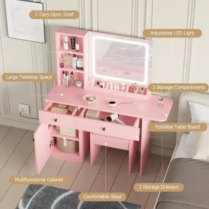 Set da toeletta GustoWave con specchio illuminato, sgabello contenitore e piano espandibile: scrittoio da trucco con mobiletto e mensole