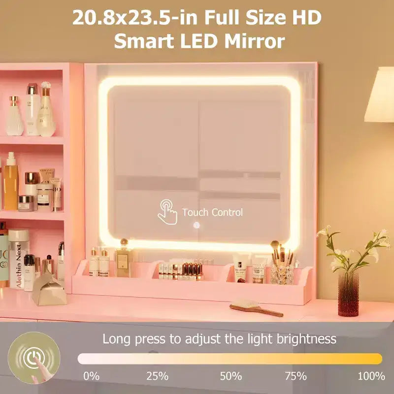 Set da toeletta GustoWave con specchio illuminato, sgabello contenitore e piano espandibile: scrittoio da trucco con mobiletto e mensole