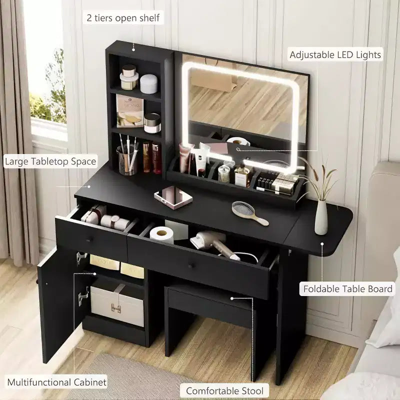 Set da toeletta GustoWave con specchio illuminato, sgabello contenitore e piano espandibile: scrittoio da trucco con mobiletto e mensole