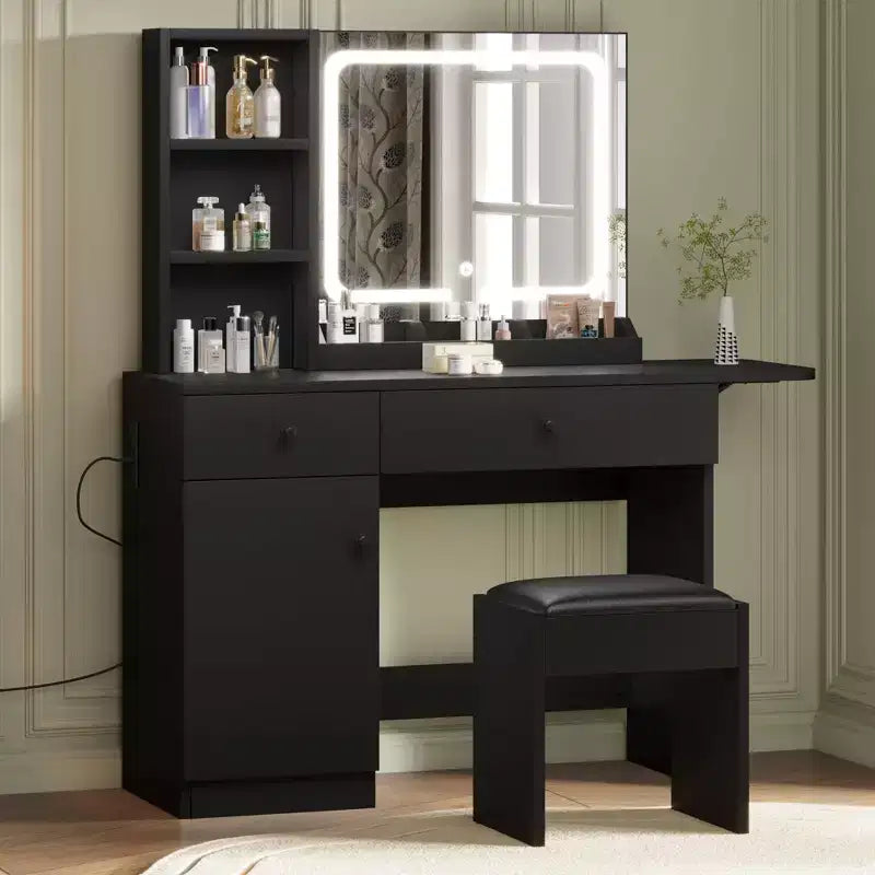 Set da toeletta GustoWave con specchio illuminato, sgabello contenitore e piano espandibile: scrittoio da trucco con mobiletto e mensole
