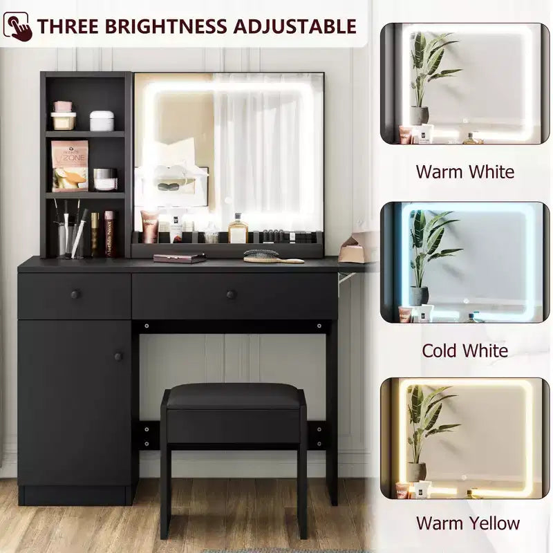 Set da toeletta GustoWave con specchio illuminato, sgabello contenitore e piano espandibile: scrittoio da trucco con mobiletto e mensole