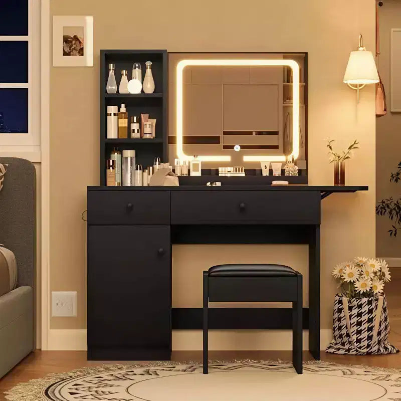 GustoWave Vanity Table Set with Illuminated Mirror, Storage Stool & Expandable Top - Makeup Dressing Desk with Cabinet & Shelves