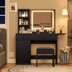 GustoWave Vanity Table Set with Illuminated Mirror, Storage Stool & Expandable Top - Makeup Dressing Desk with Cabinet & Shelves